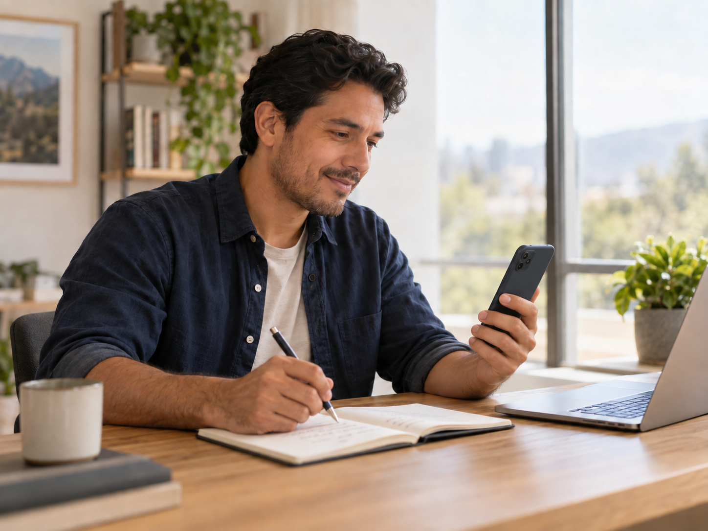 Un hombre consulta su celular y toma notas en un cuaderno junto a una computadora portátil.